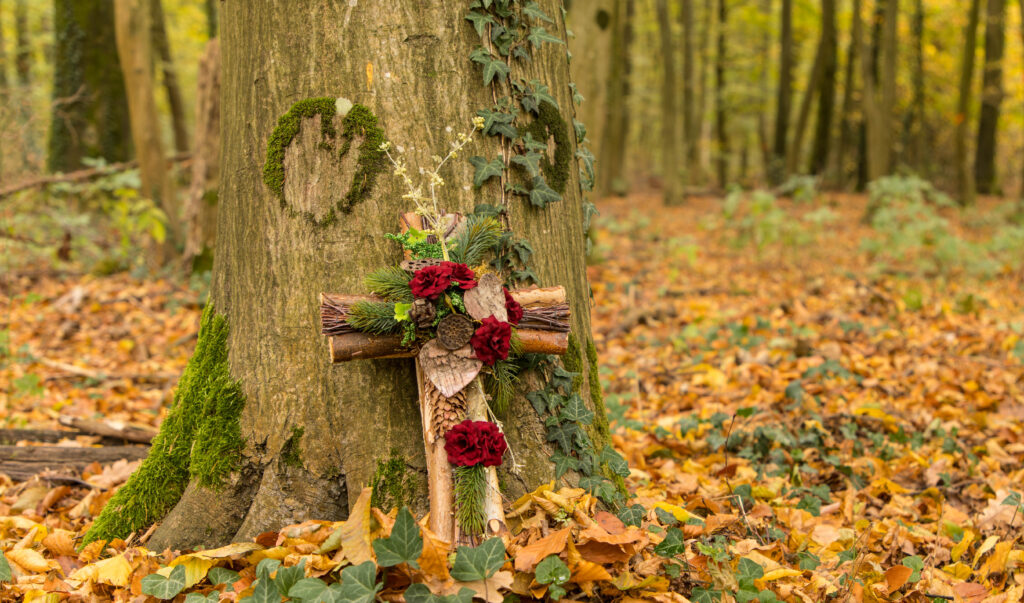 Ein Baum im herbstlichen Wald mit einem kleinen Holzkreuz und Blumen für eine Waldbestattung im Ruheforst.